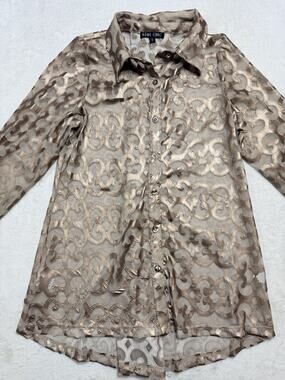 Boho Chic Tan Lace Devore Velvet Burnout Button Up Blouse Shirt Womens Size S